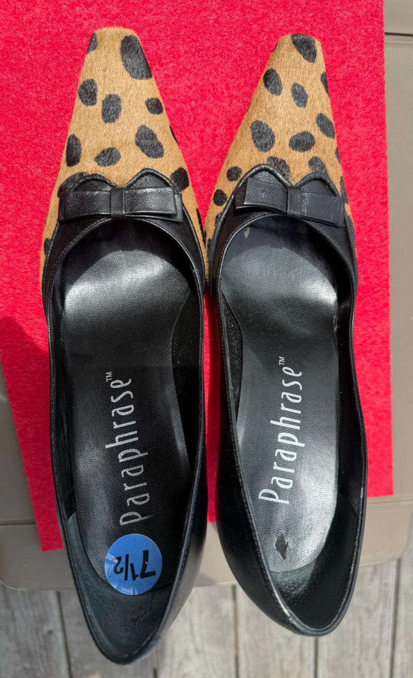 Animal cheetah deer print leather pointed toe bow made in brazil pump size-7.5